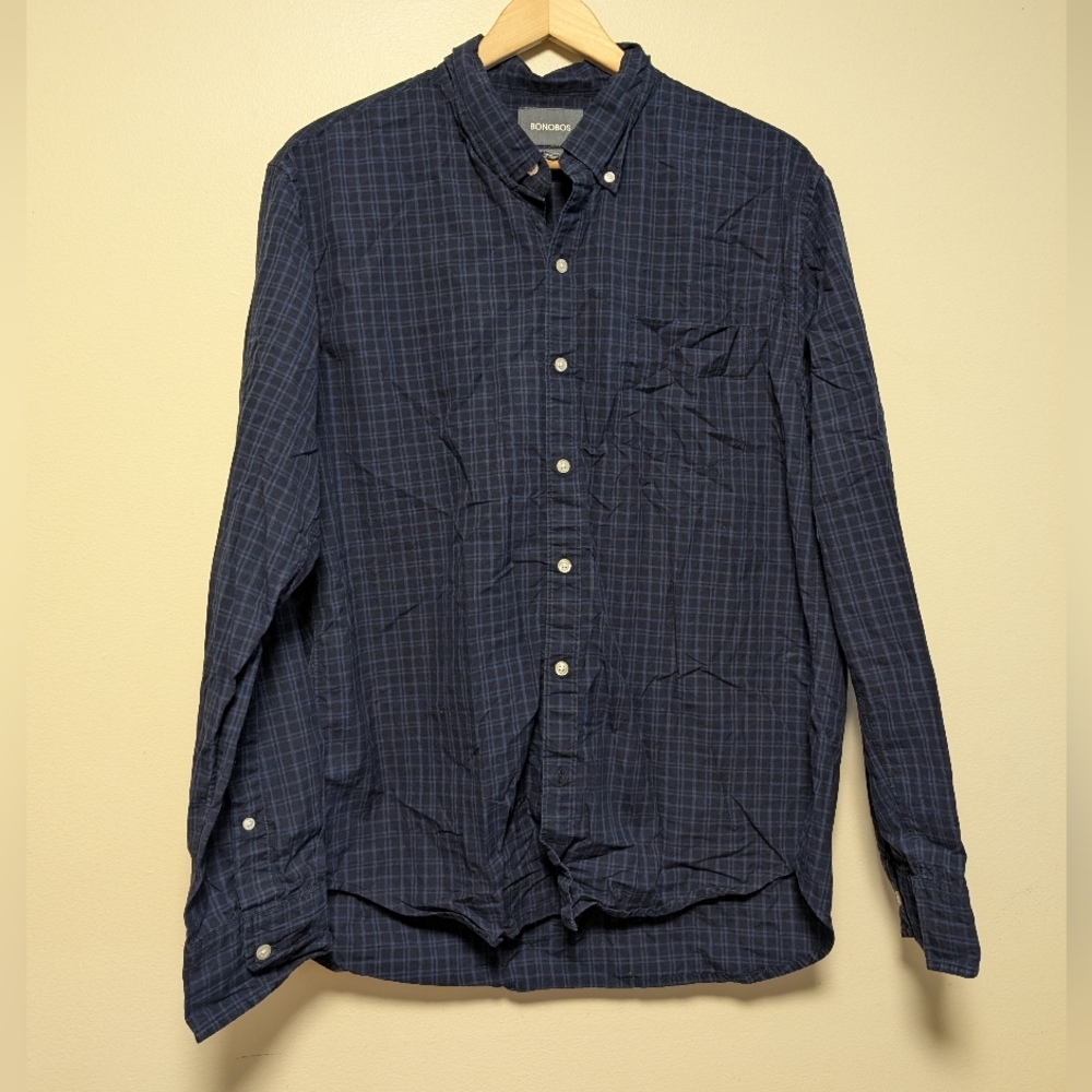 Bonobos Slim Fit Button-Down Shirt – XL – Navy Blue Plaid PerfectionB